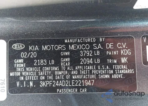 2020 Kia Forte Lxs from USA, damaged, VIN 3KPF24AD2LE221947